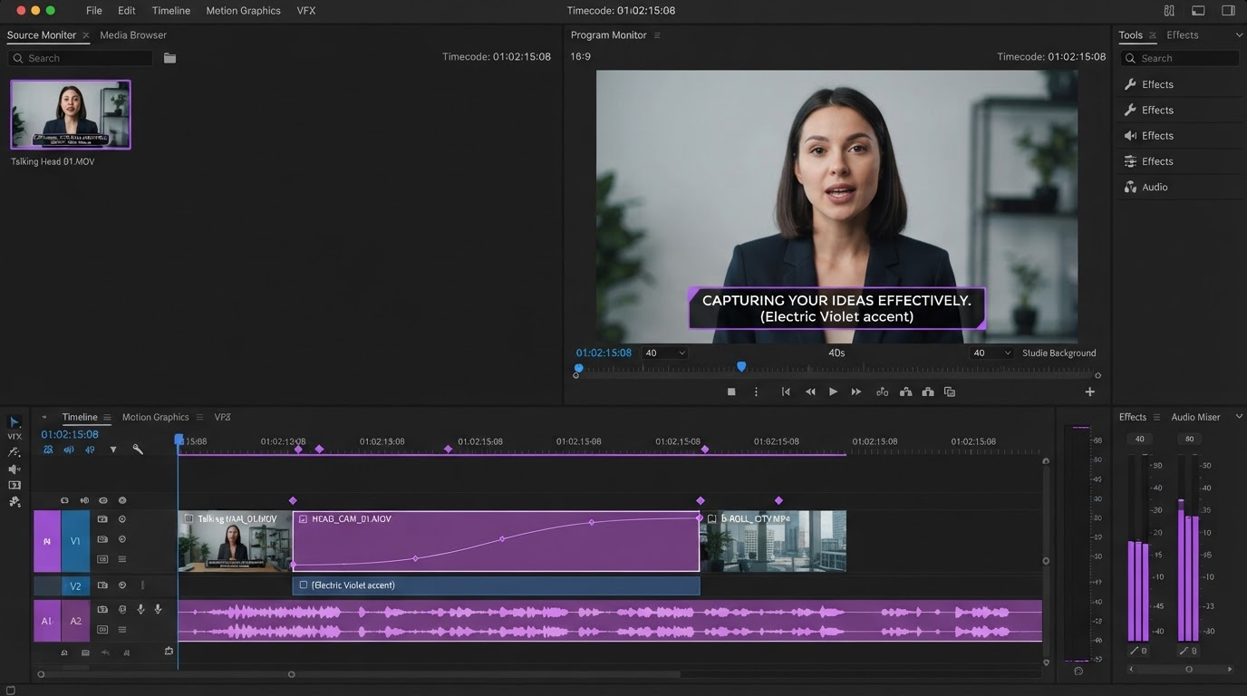 Dark video editor timeline with stacked clip layers, keyframe diamonds and a render queue panel
