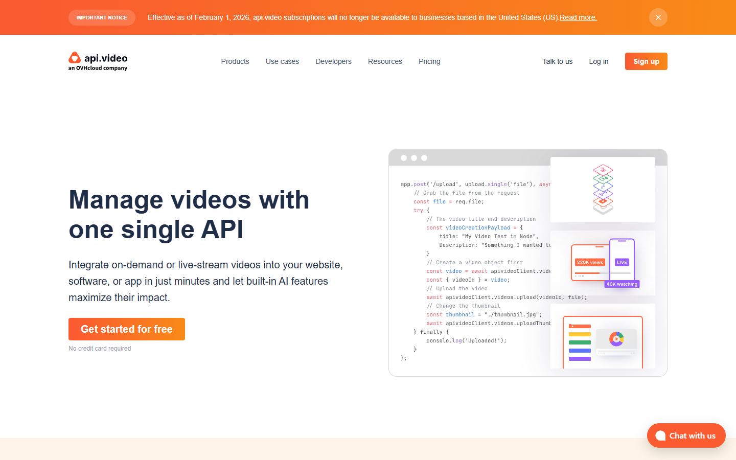 api.video homepage showing video hosting, playback and transcription APIs