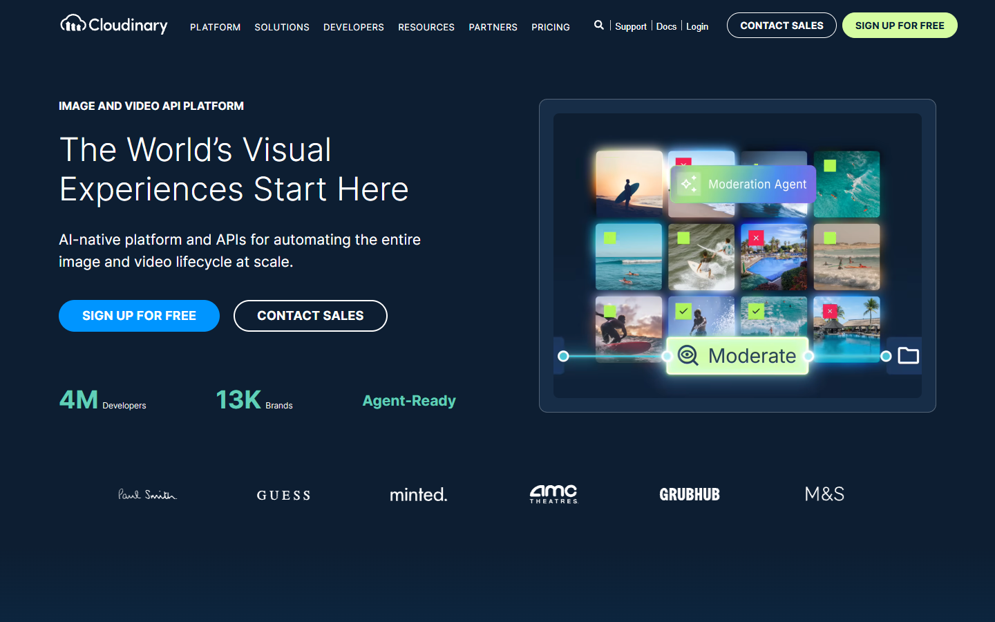 Cloudinary homepage showing URL based media transformation and delivery