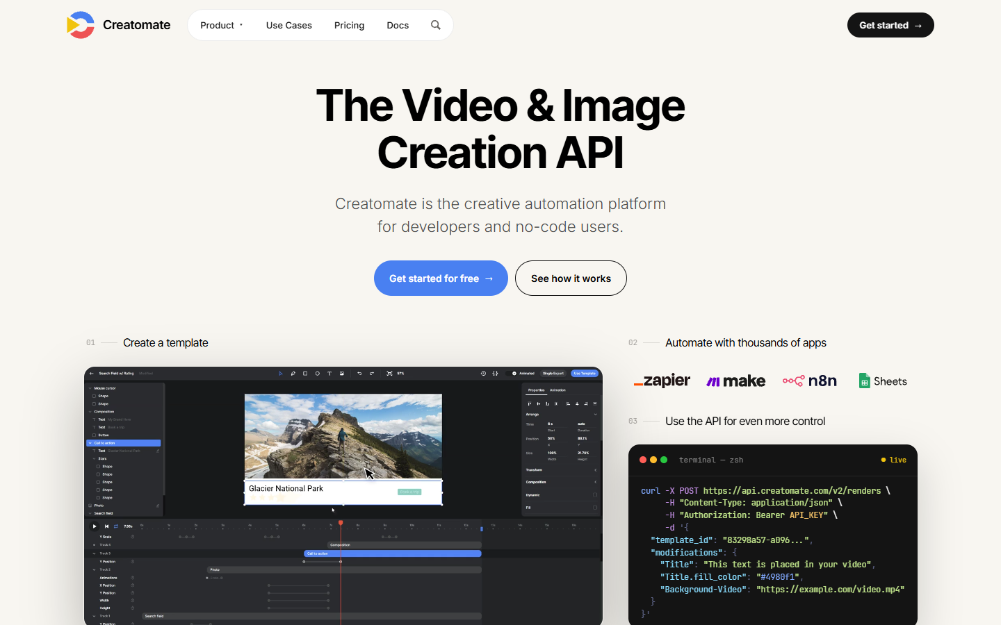 Creatomate homepage showing template based video automation for social formats