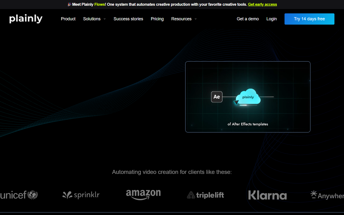 Plainly Videos homepage showing After Effects template rendering as an API