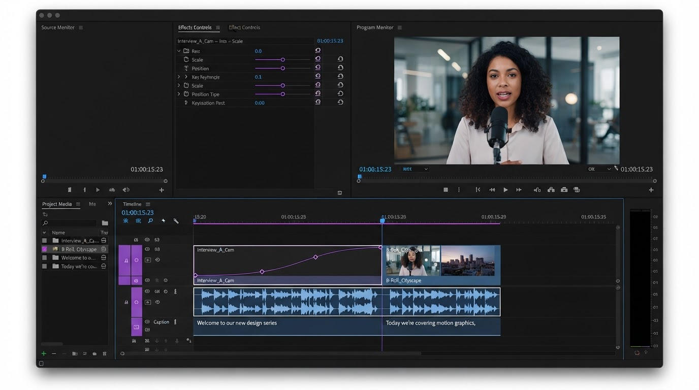 Editor timeline showing a rendered clip reopened with caption and audio tracks for a final pass