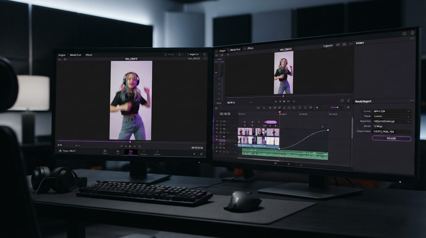 Dark motion editor timeline showing a code panel driving keyframed layers for a rendered video