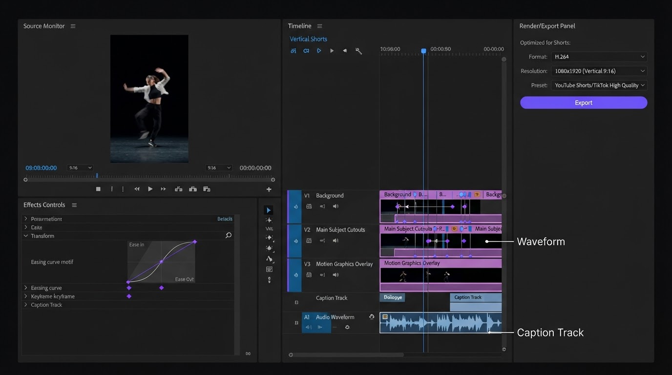 Editor panel showing caption layers, easing curve and keyframe diamonds over a rendered clip