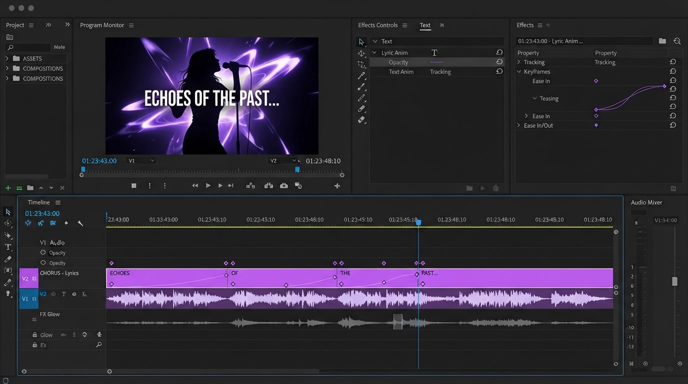 Dark video editor timeline showing a transcript track, caption layers, and keyframe markers on a highlighted clip