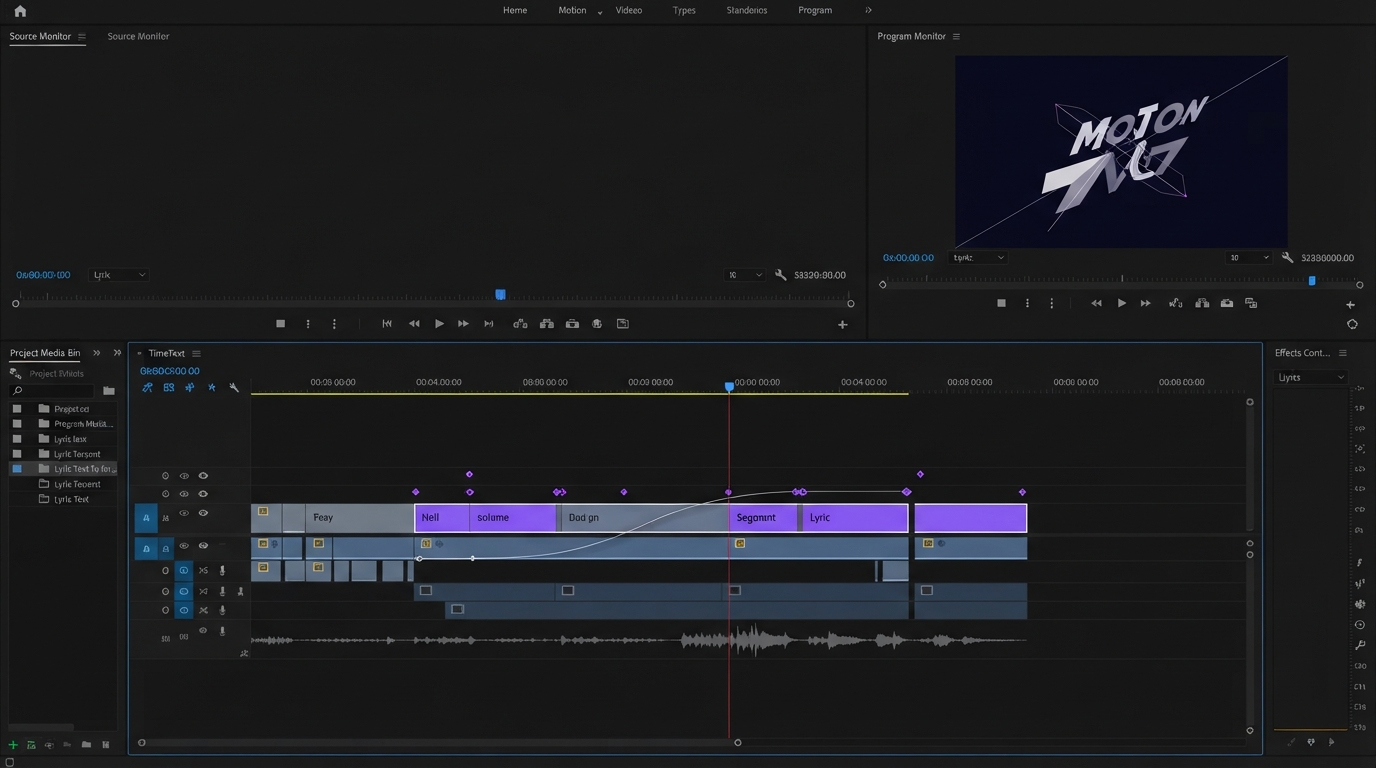 Video editor with a caption track, animated title layer, and easing curve panel open on a short vertical clip