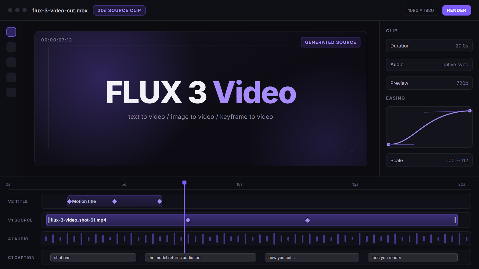 Motionbox timeline holding a 20 second generated source clip with keyframe markers, a native audio track, and caption layers