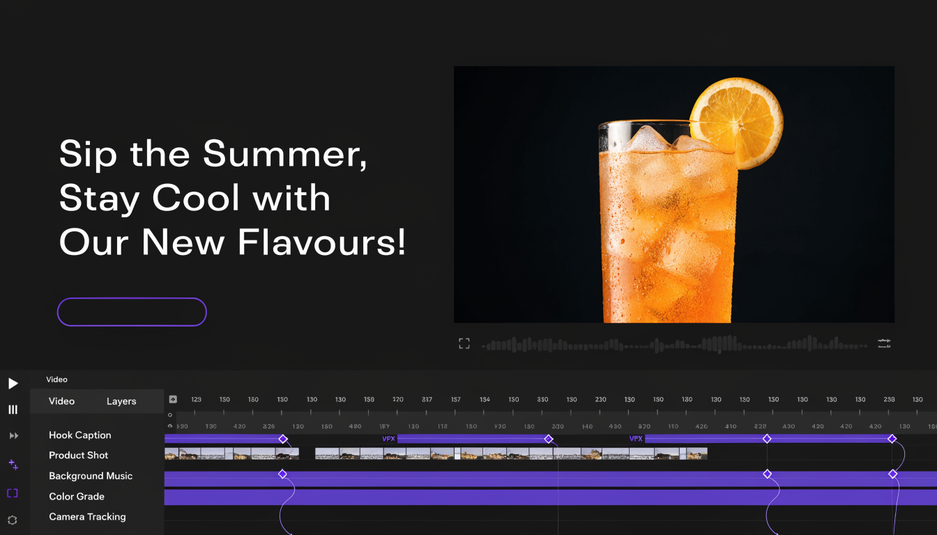 Dark Motionbox editor timeline with a generated video clip, keyframe diamonds, and a caption track for a short edit