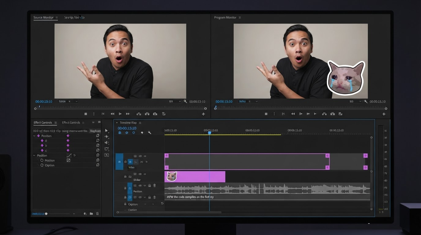 Dark video editor timeline with clips, keyframe diamonds, and an easing curve beside a render queue