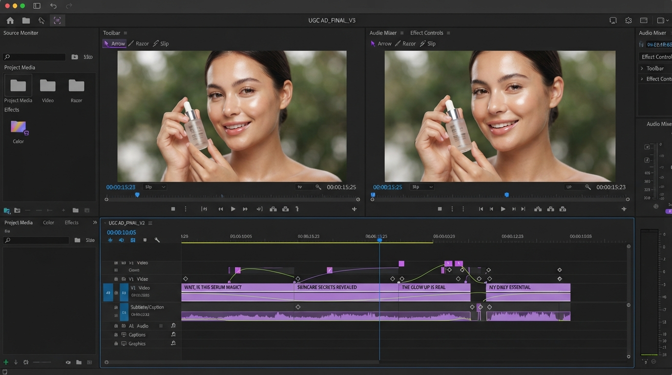 Dark video editor timeline with keyframe markers and a render job queue for an automated video pipeline