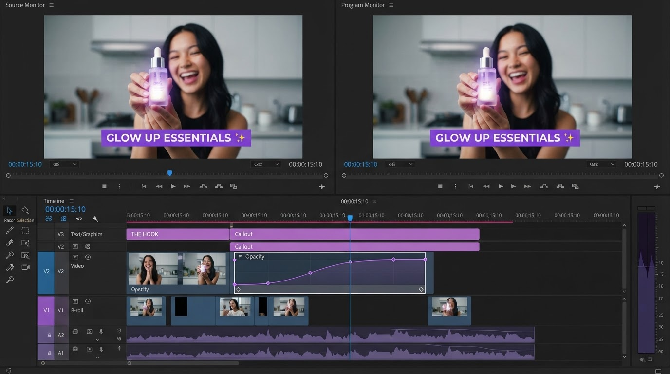 Video render job assets on a dark timeline with caption tracks and export status