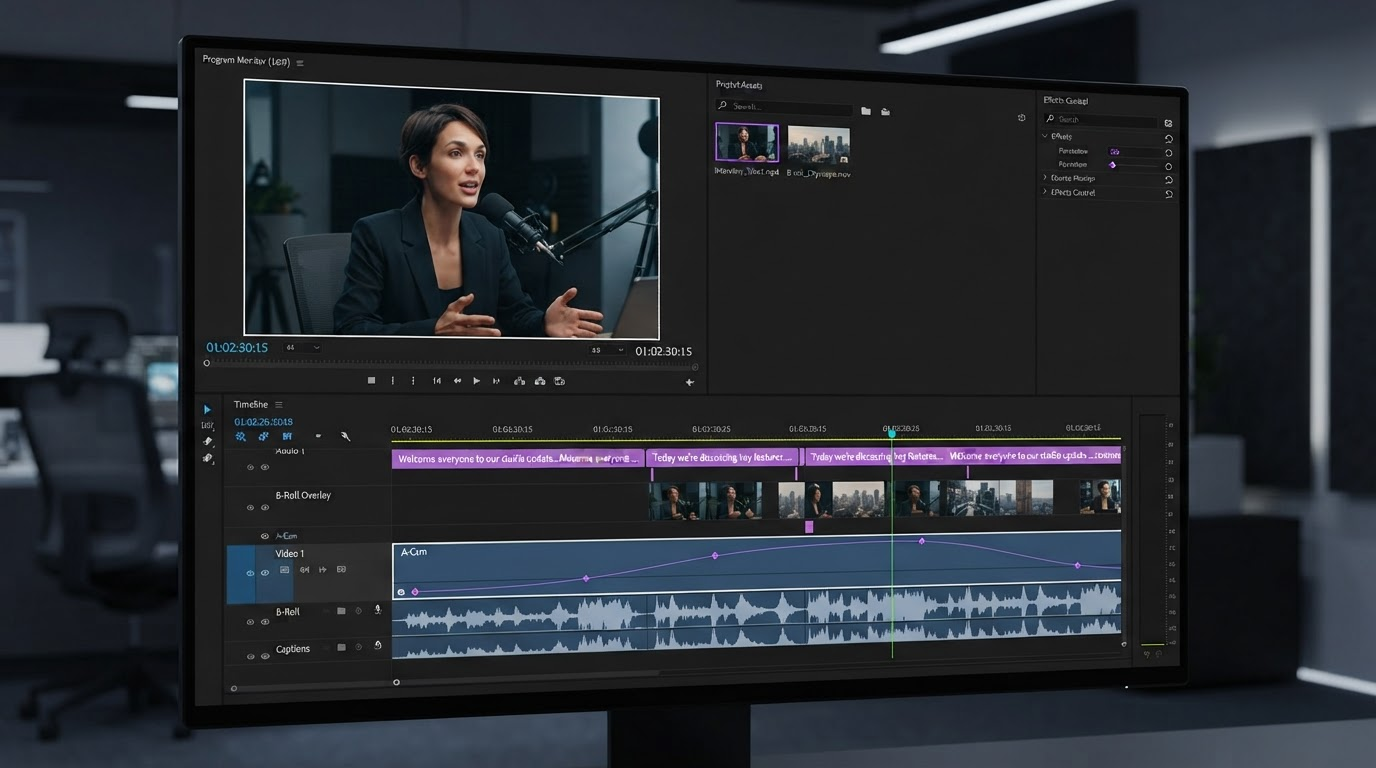 Motionbox timeline showing a vertical UGC ad with caption layers, keyframe markers, and hook variants stacked on separate tracks