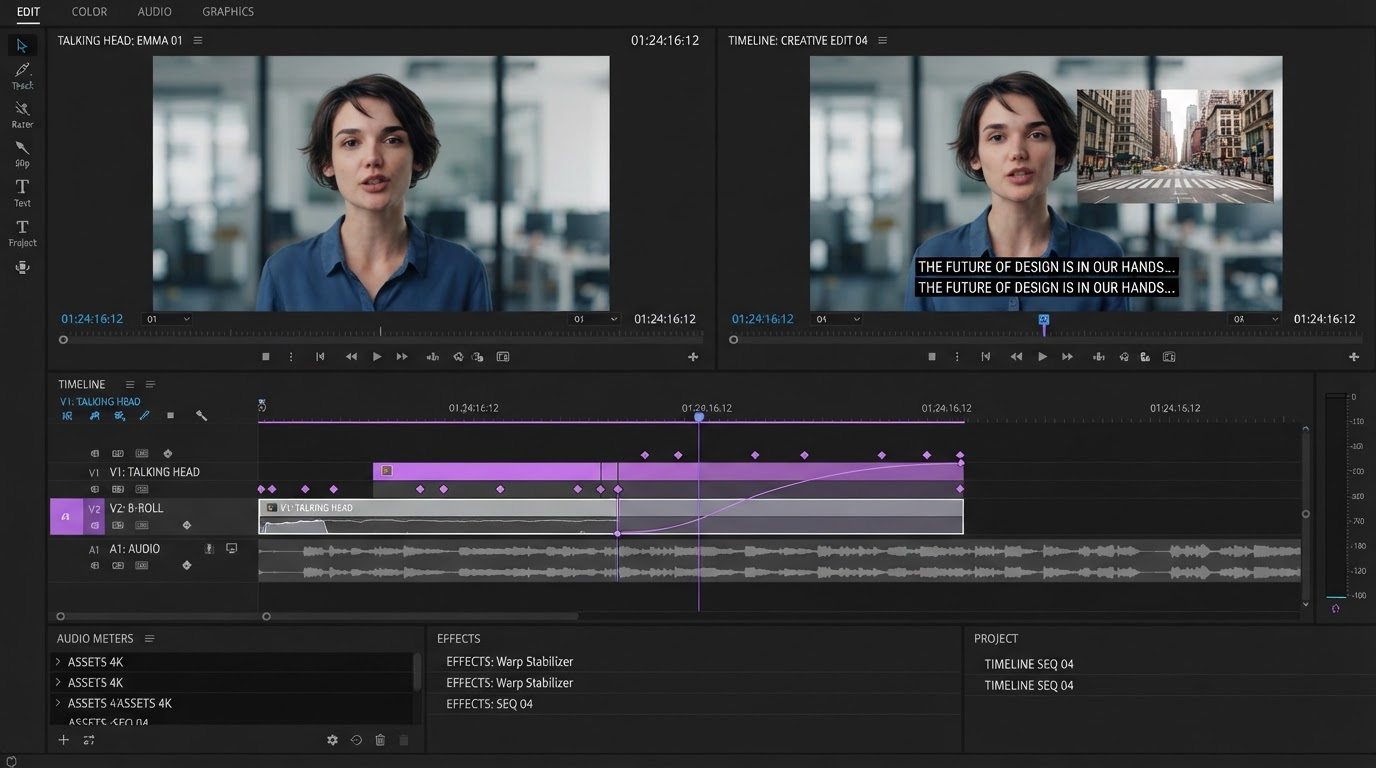 Motionbox editor with a caption track, easing curve panel, and three aspect ratio exports queued for a social ad set