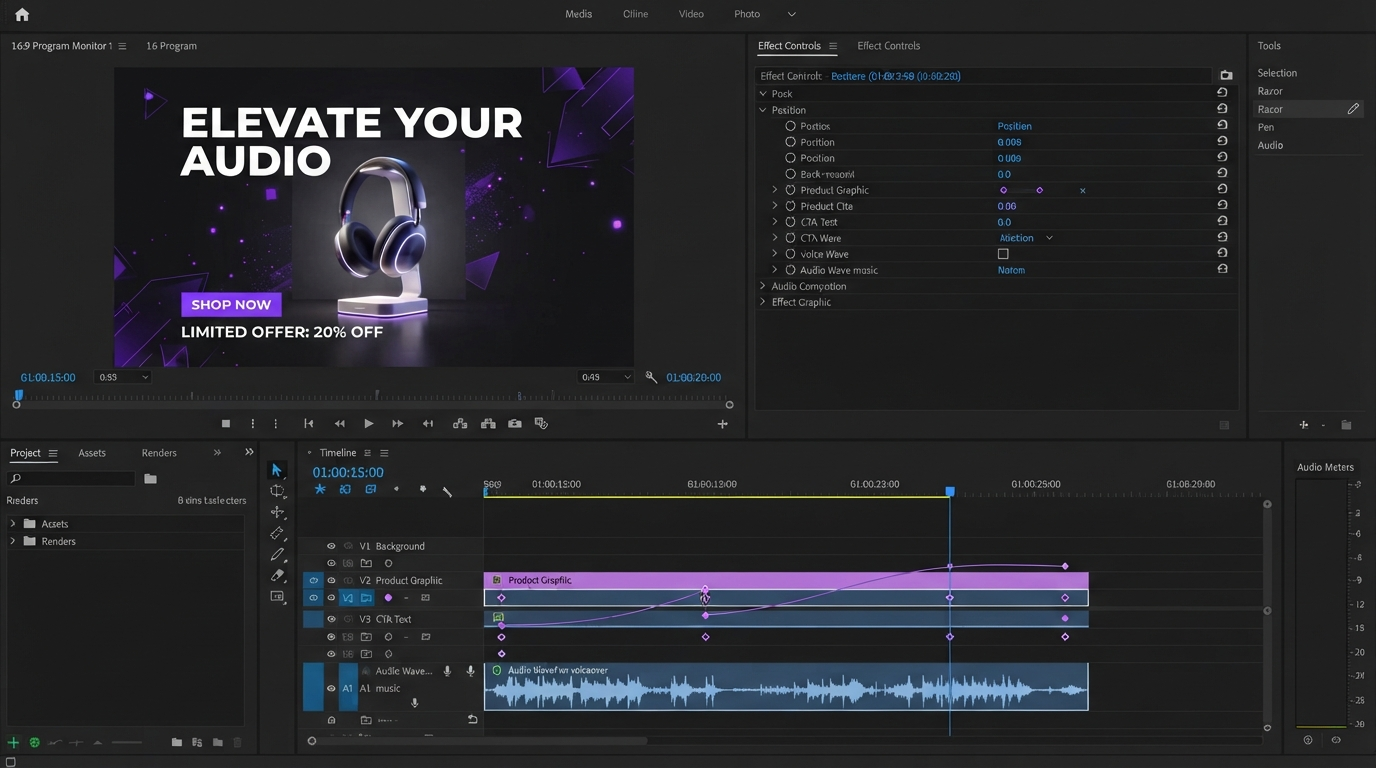 Dark video editor timeline showing an automated render queue with keyframe markers and caption tracks