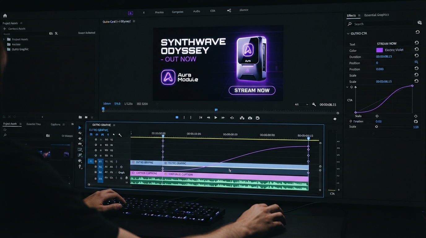 Editor timeline with caption layers, easing curves and a batch render status panel