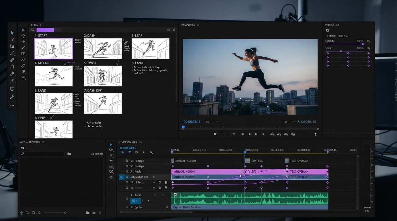 Dark video editor timeline with keyframe markers, caption track, and a storyboard panel for an AI generated clip