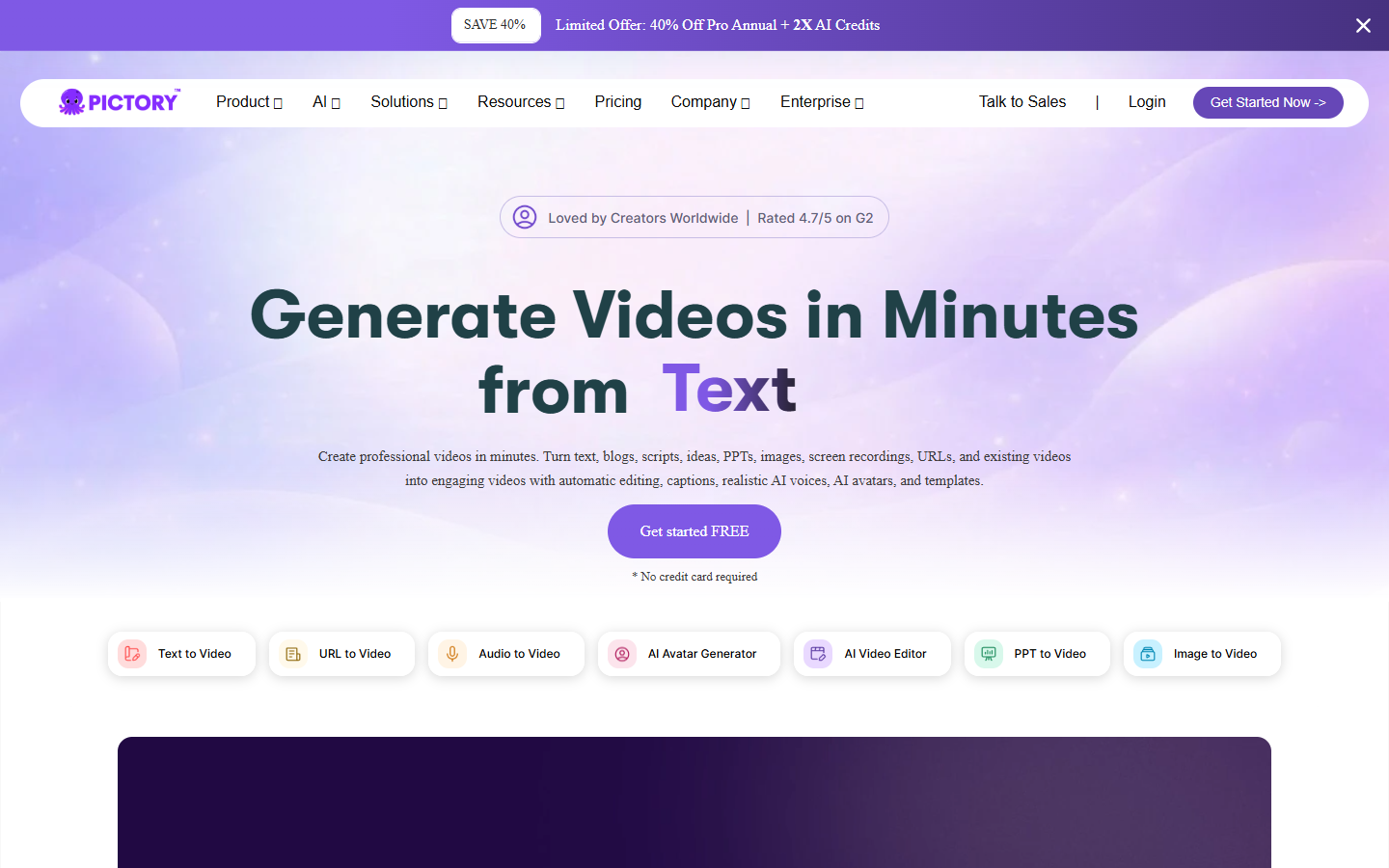 Pictory homepage showing text to video generation from articles and scripts