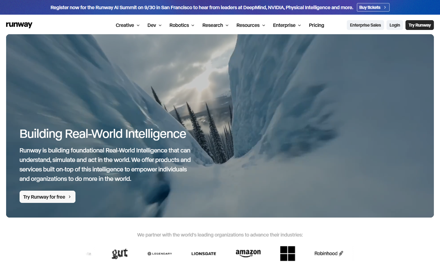 Runway homepage showing AI video generation and creative tools