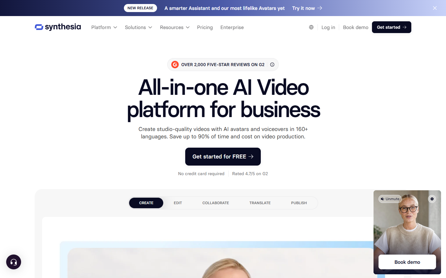 Synthesia homepage showing an AI video platform with avatars and voiceovers