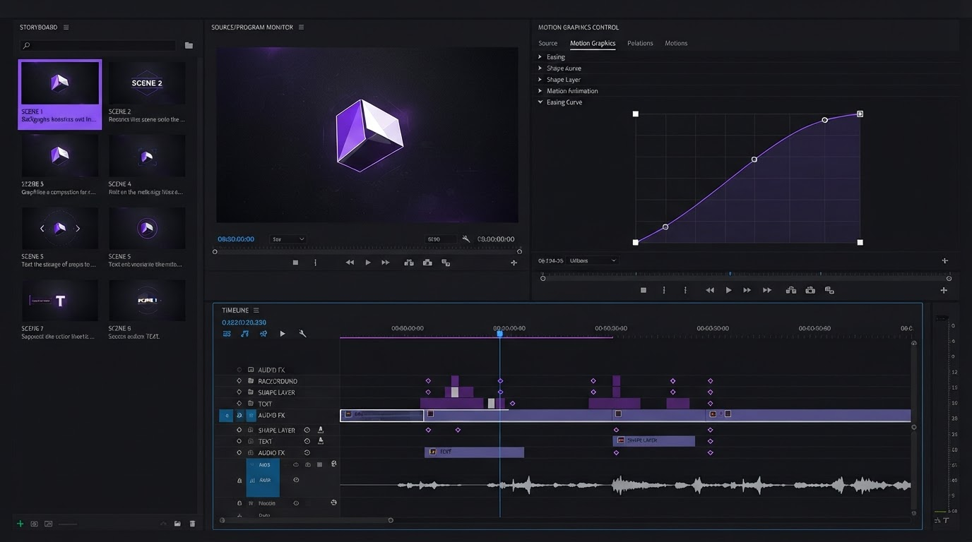 Motion graphics editor with a storyboard panel, easing curve control, and a multi track timeline