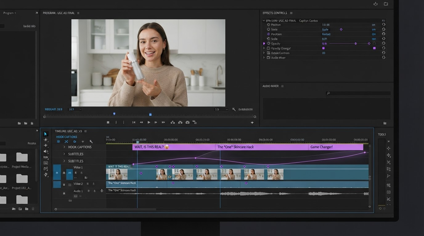 Dark video editor timeline with an avatar layer, caption track and keyframe markers