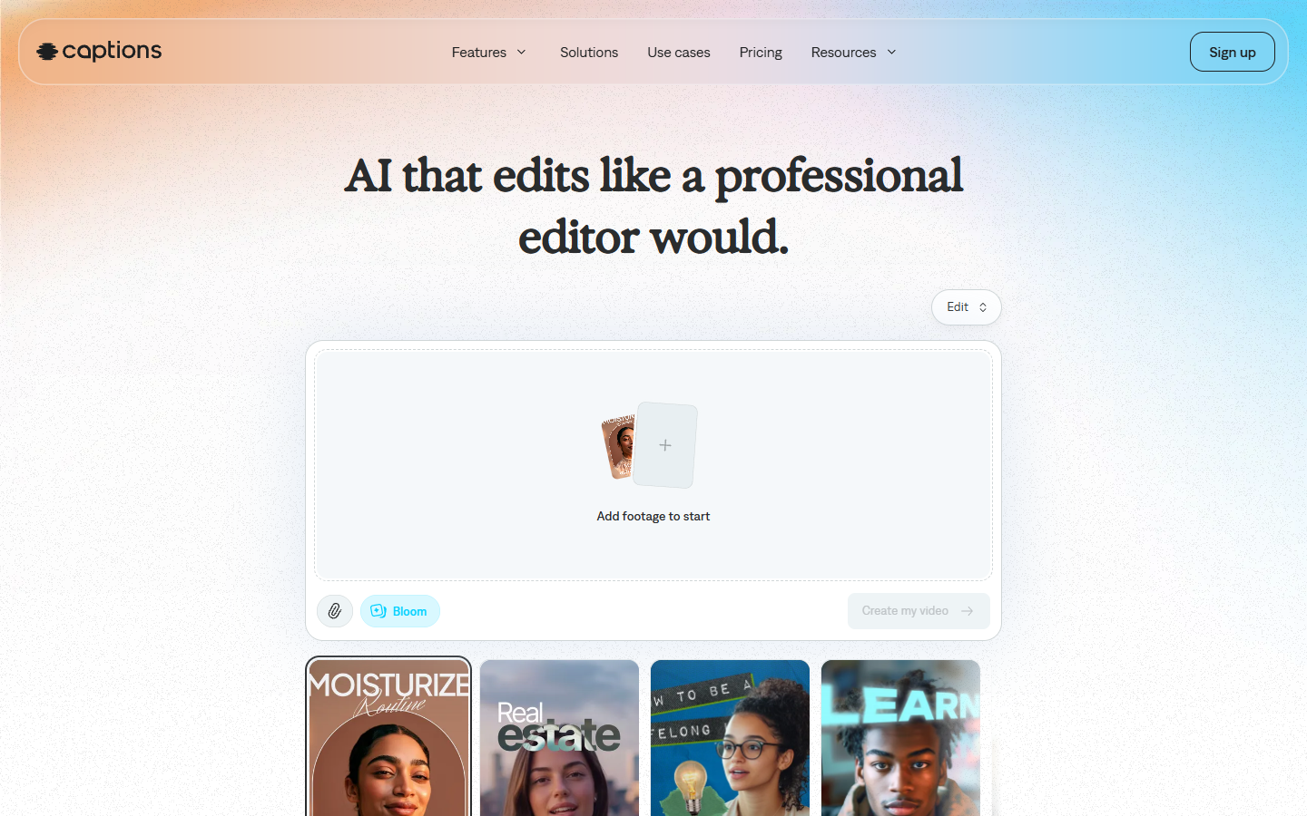 Captions homepage showing its AI creator and avatar tools