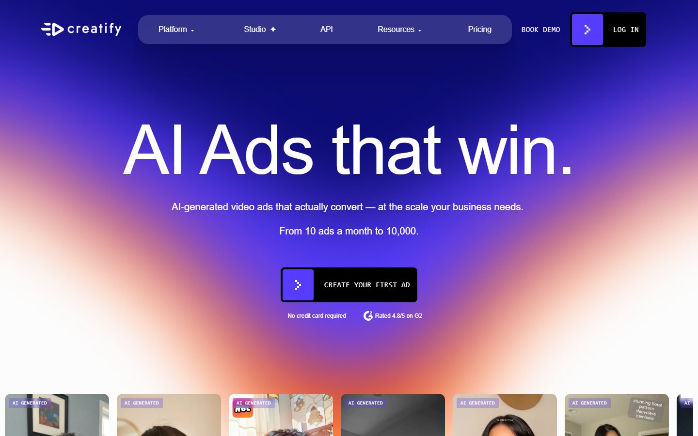 Creatify homepage showing AI avatar video ad creation