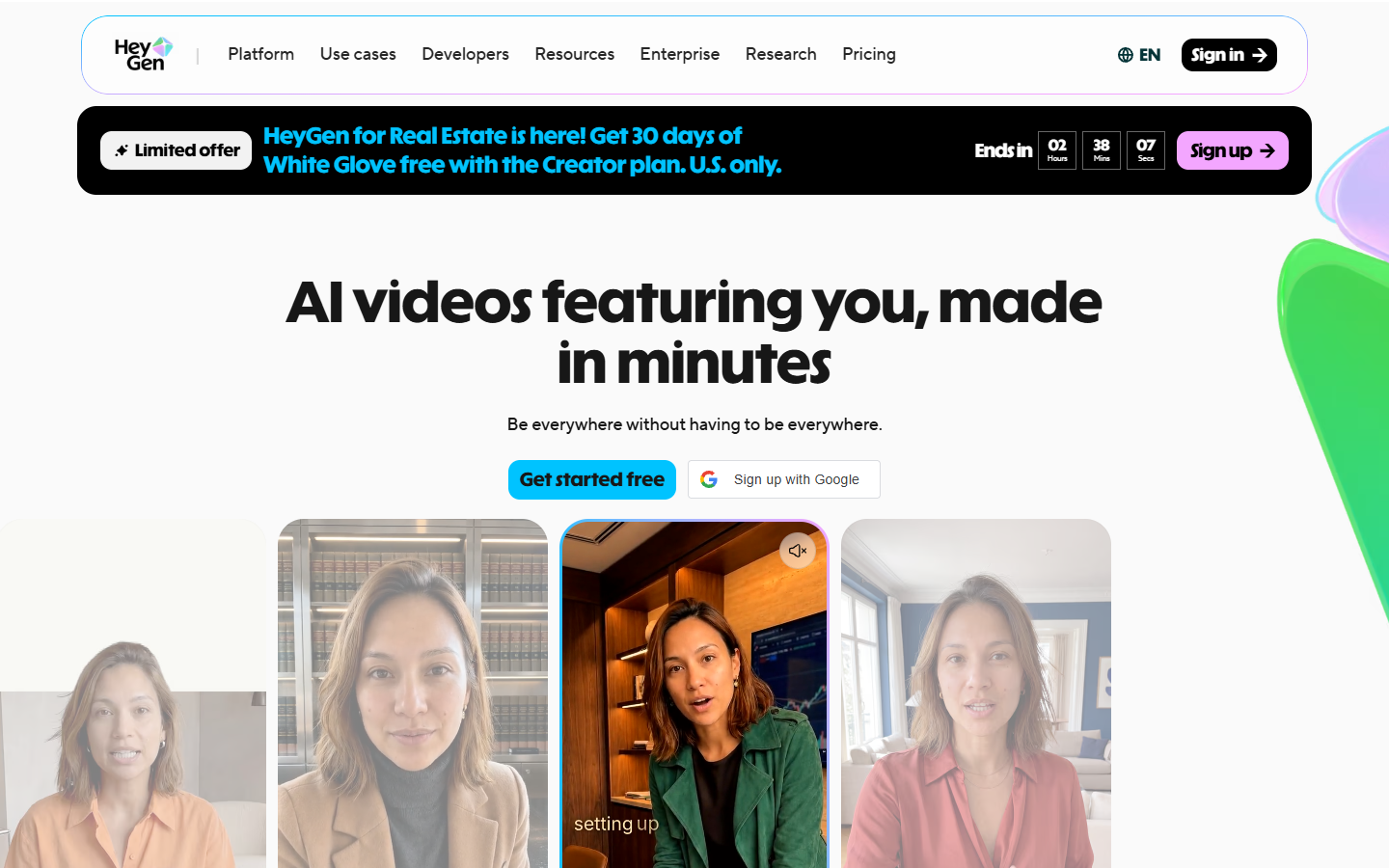 HeyGen homepage showing AI avatar video generation