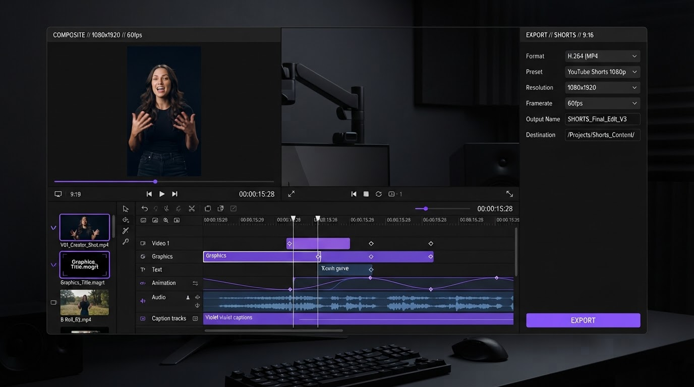 Dark video editor timeline with keyframe markers and an easing curve on an animated title layer