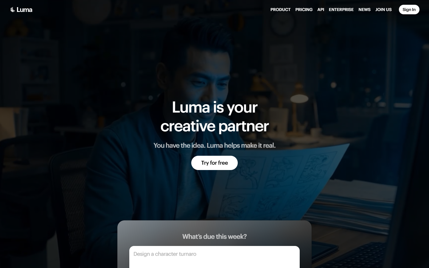 Luma Dream Machine homepage showing image to video generation