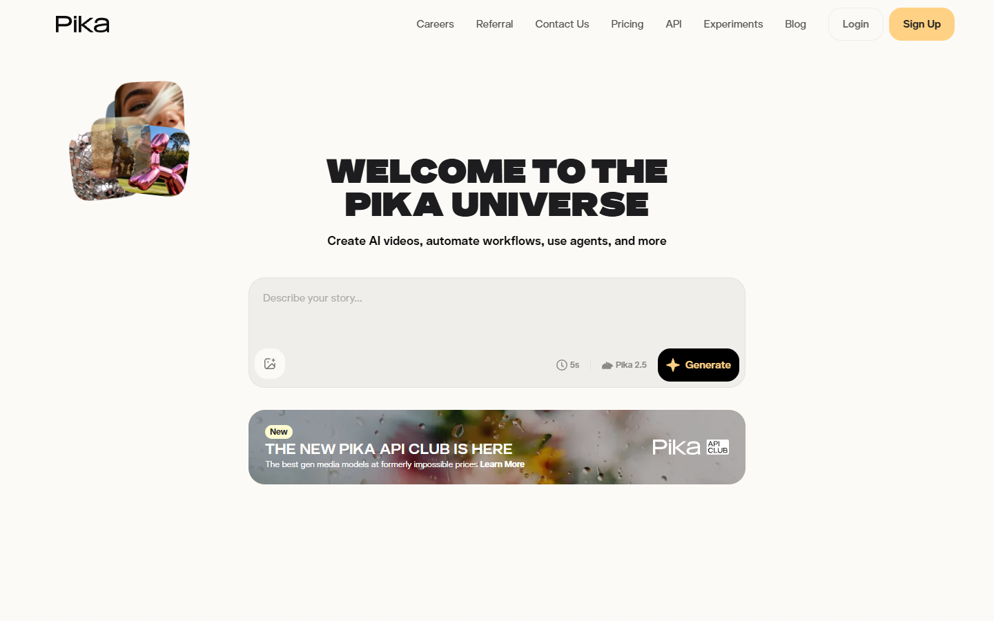 Pika homepage showing short-form AI video effects