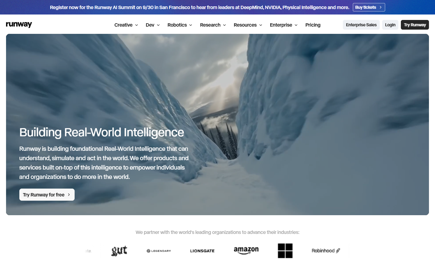 Runway homepage showing AI video generation tools