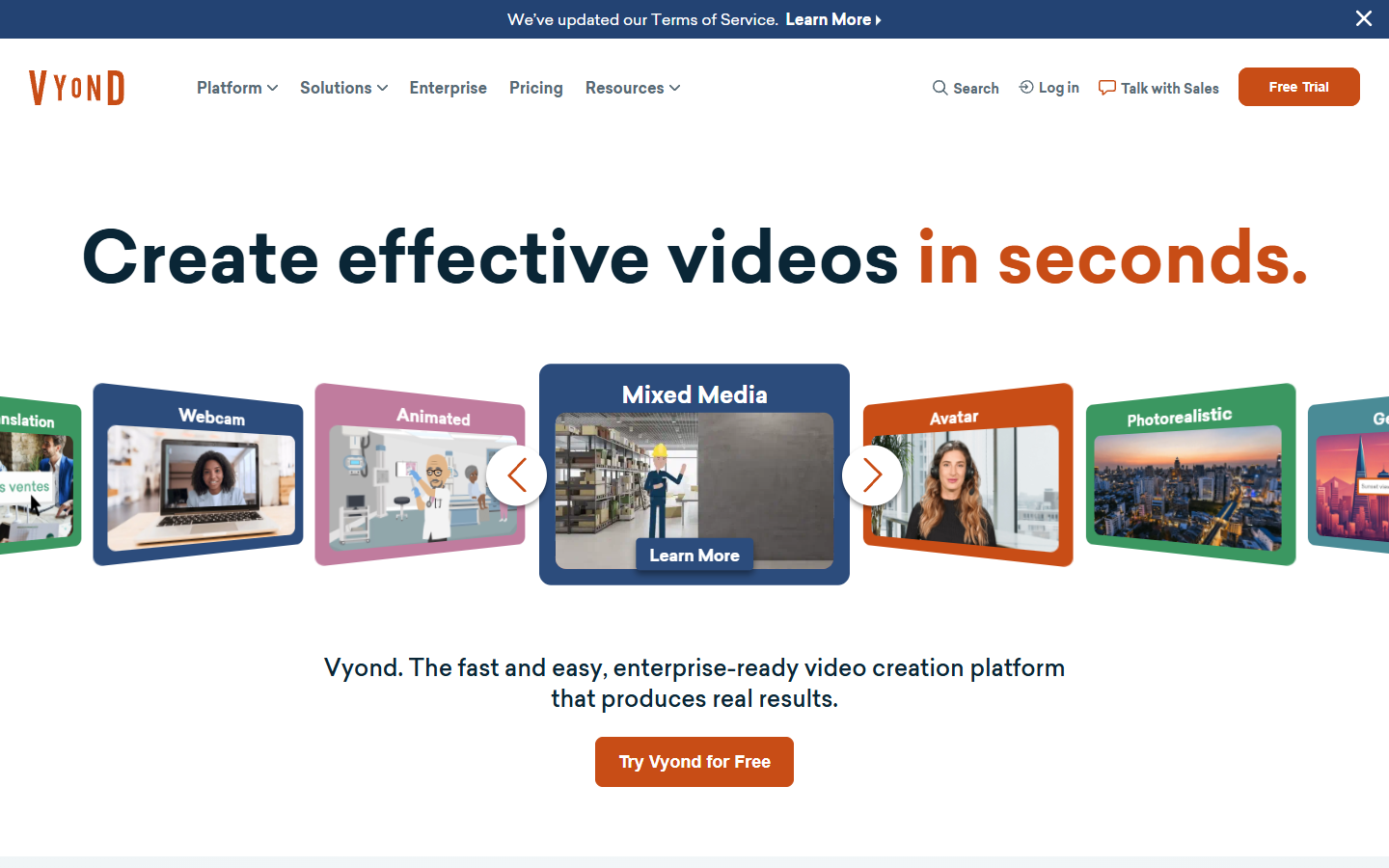 Vyond homepage showing scene-based animated explainer tools