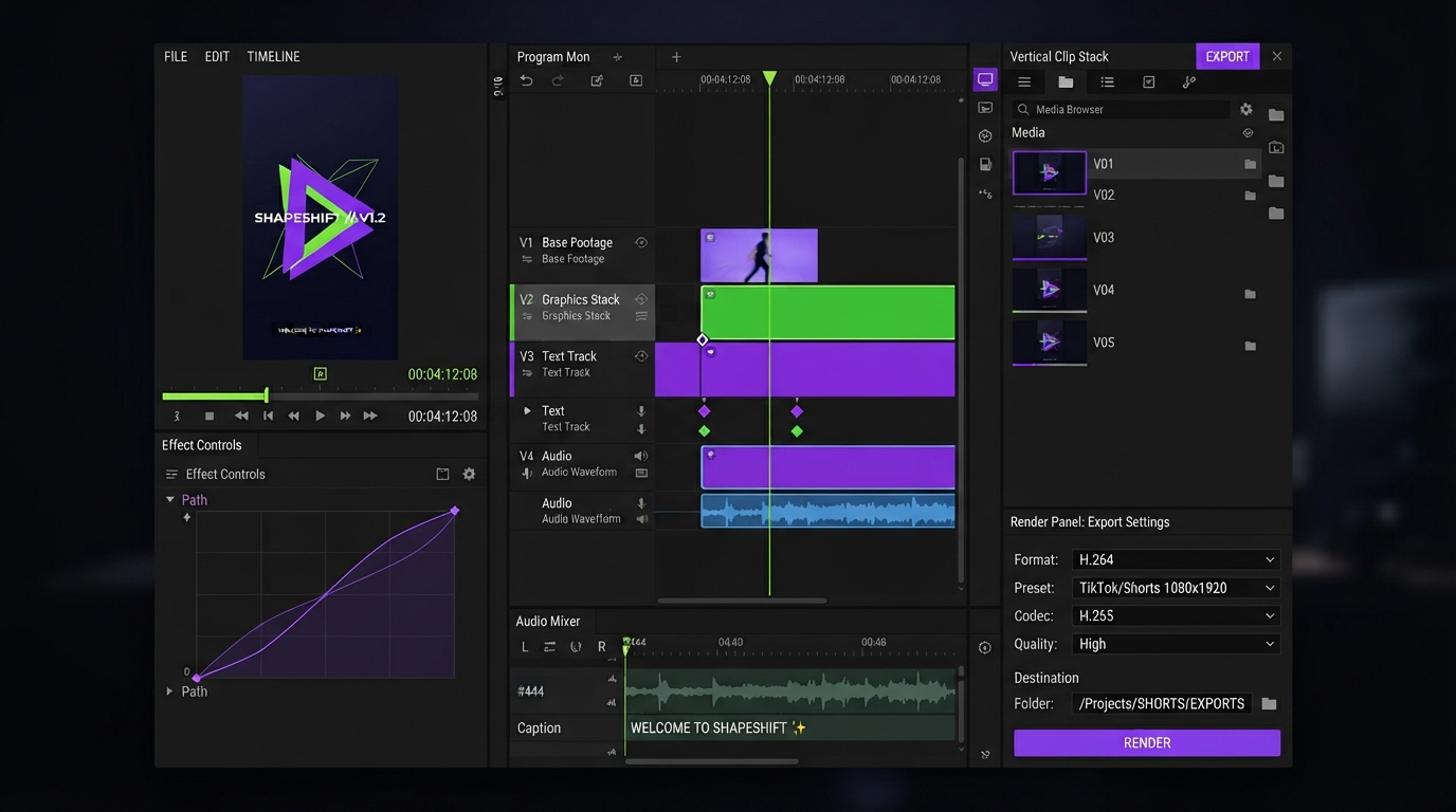 Motionbox timeline with caption layers, trimmed AI clips, and keyframe markers