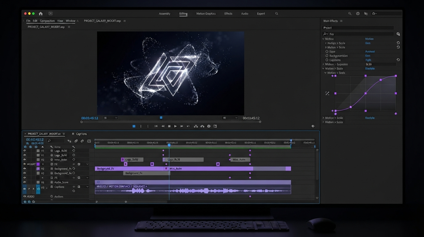 Dark motion graphics editor with a layered timeline, keyframe markers, and an easing curve panel