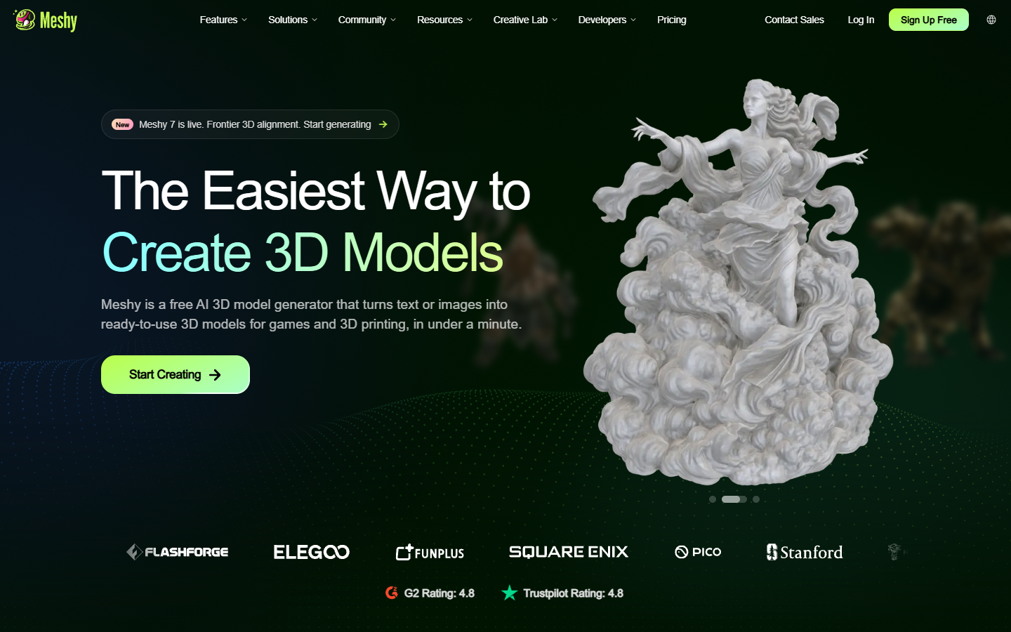 Meshy homepage showing text and image to 3D model generation