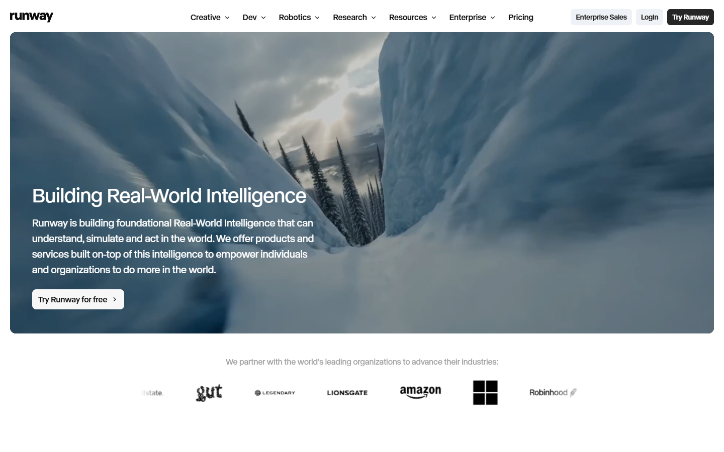 Runway homepage showing AI video generation tools