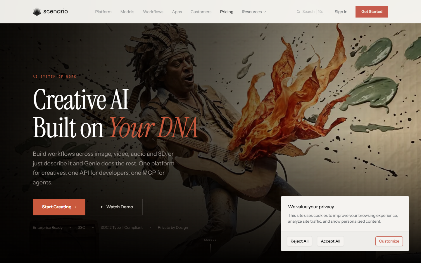 Scenario homepage showing custom trained AI models for game art assets