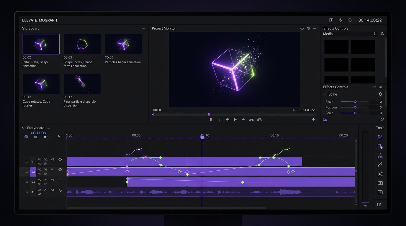 Storyboard panel beside layered timeline tracks with keyframe diamonds and an audio waveform in a dark editor