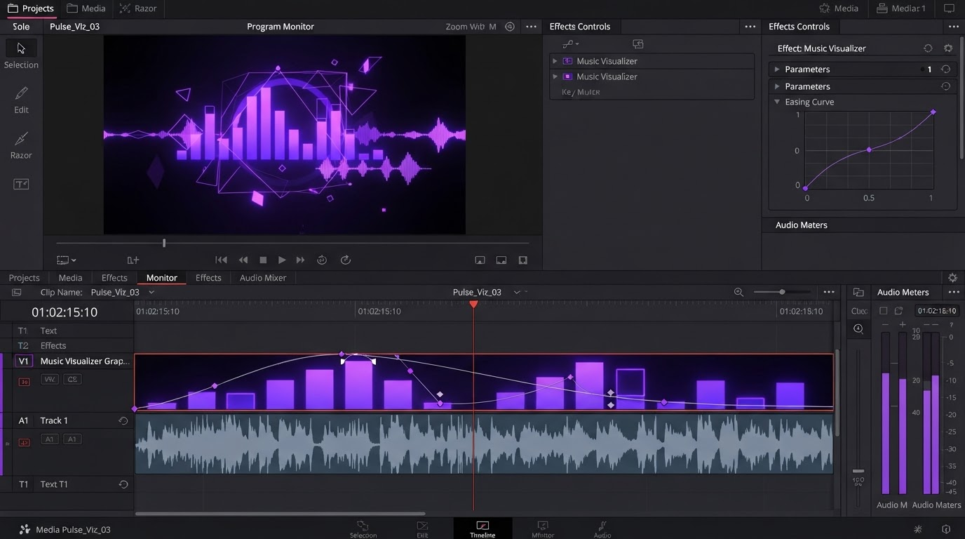 Motionbox timeline with a generated Kling clip on the video track, keyframe diamonds on an easing curve, and a caption layer below