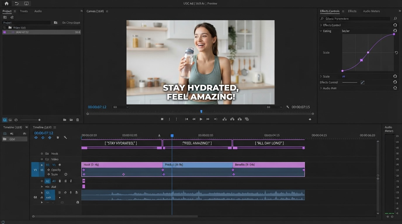 Dark motion editor timeline showing a vertical reel edit with caption track and keyframe markers