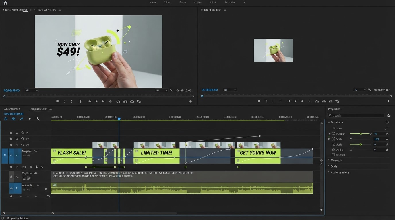 Vertical reel edit with clip stack, caption layer, and easing curve visible in a dark editor