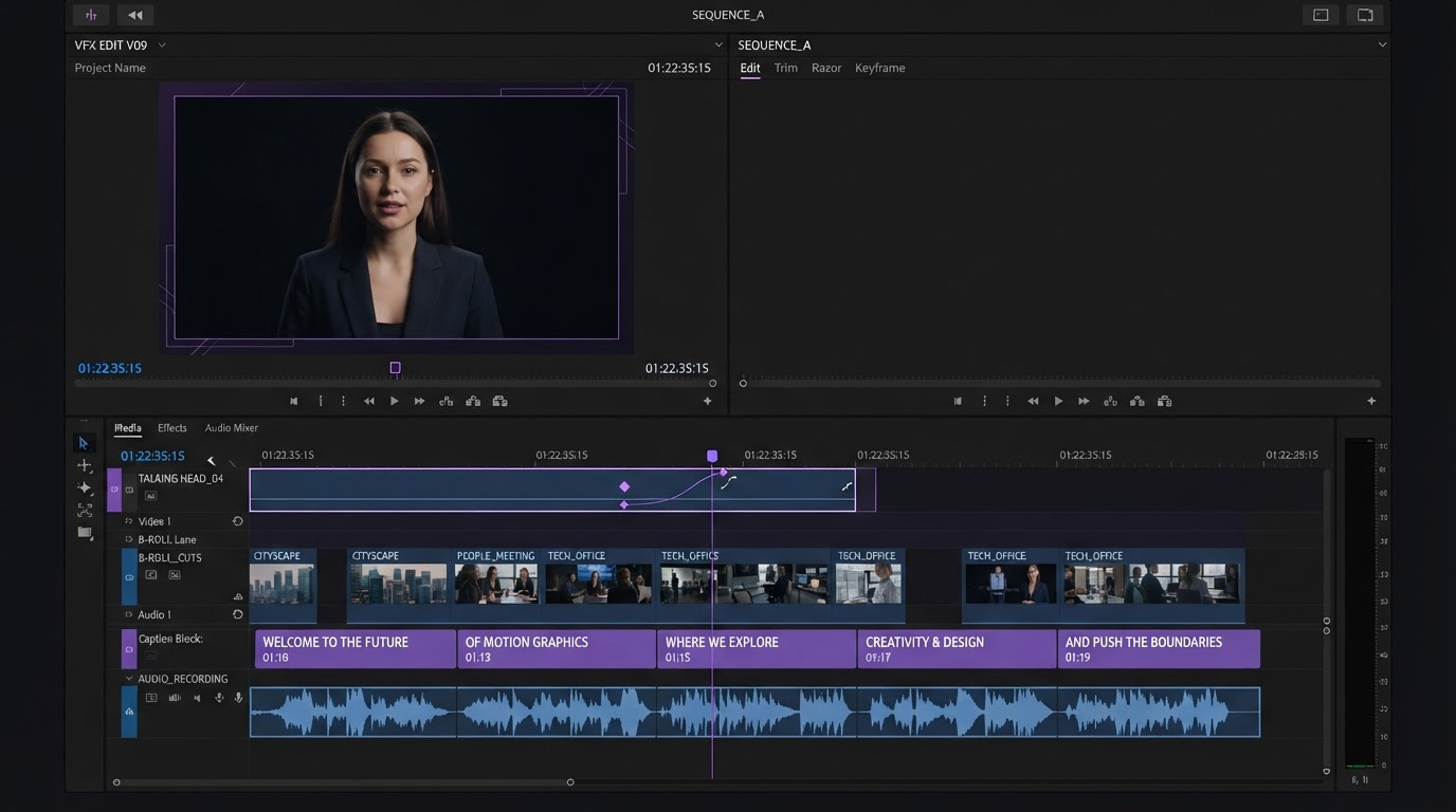 Dark editor timeline with audio waveform, beat markers, and stacked clip layers for a music video edit