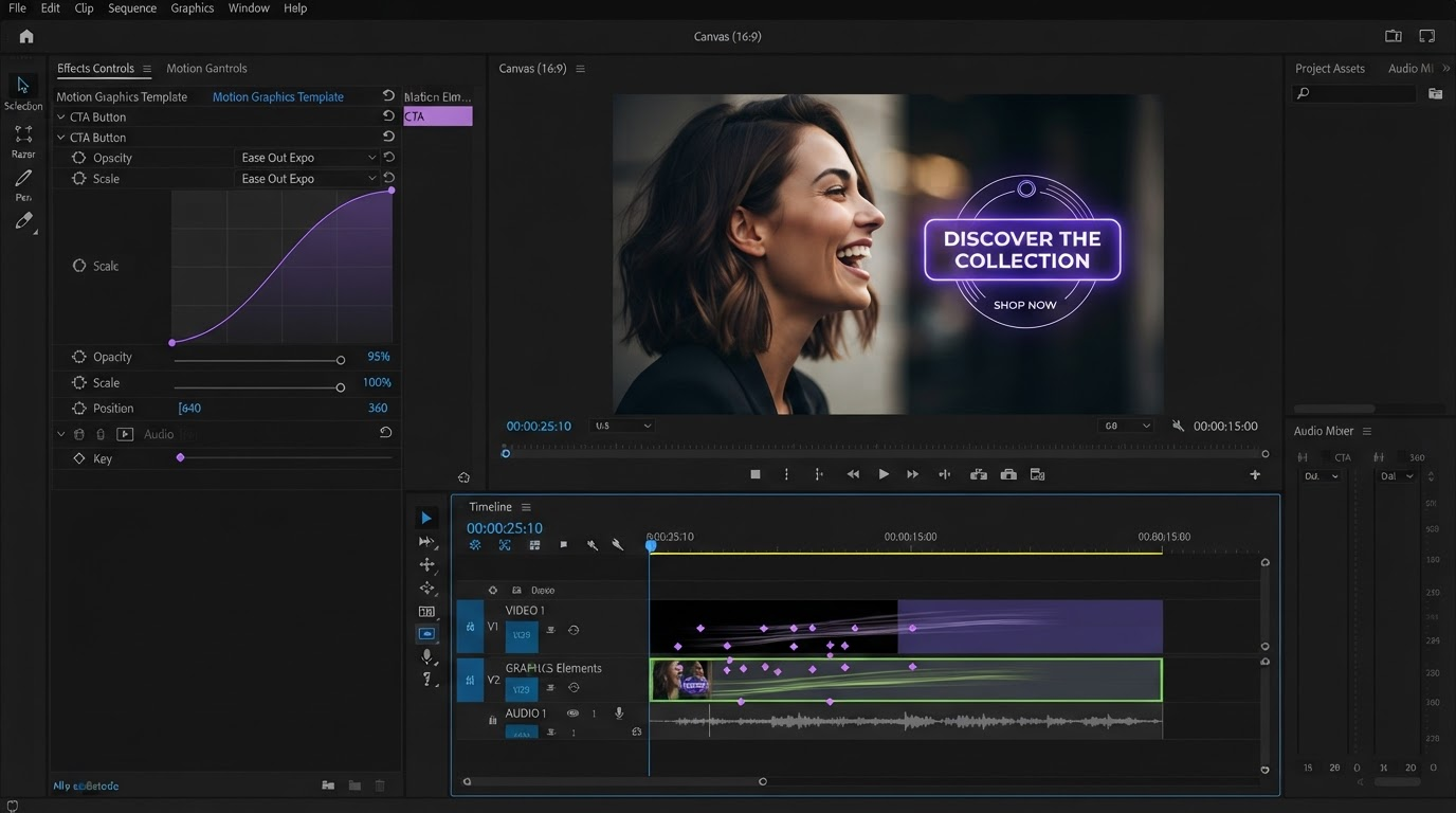 Dark video editing timeline with keyframe diamonds, an easing curve panel, and a social video in the preview