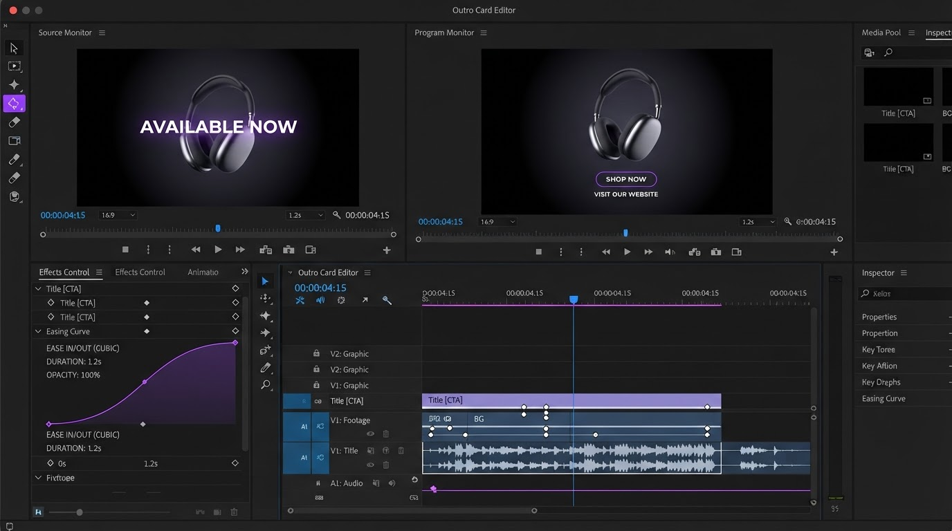 Title layer keyframed over an audio waveform on a dark editing timeline with an ease in and out curve