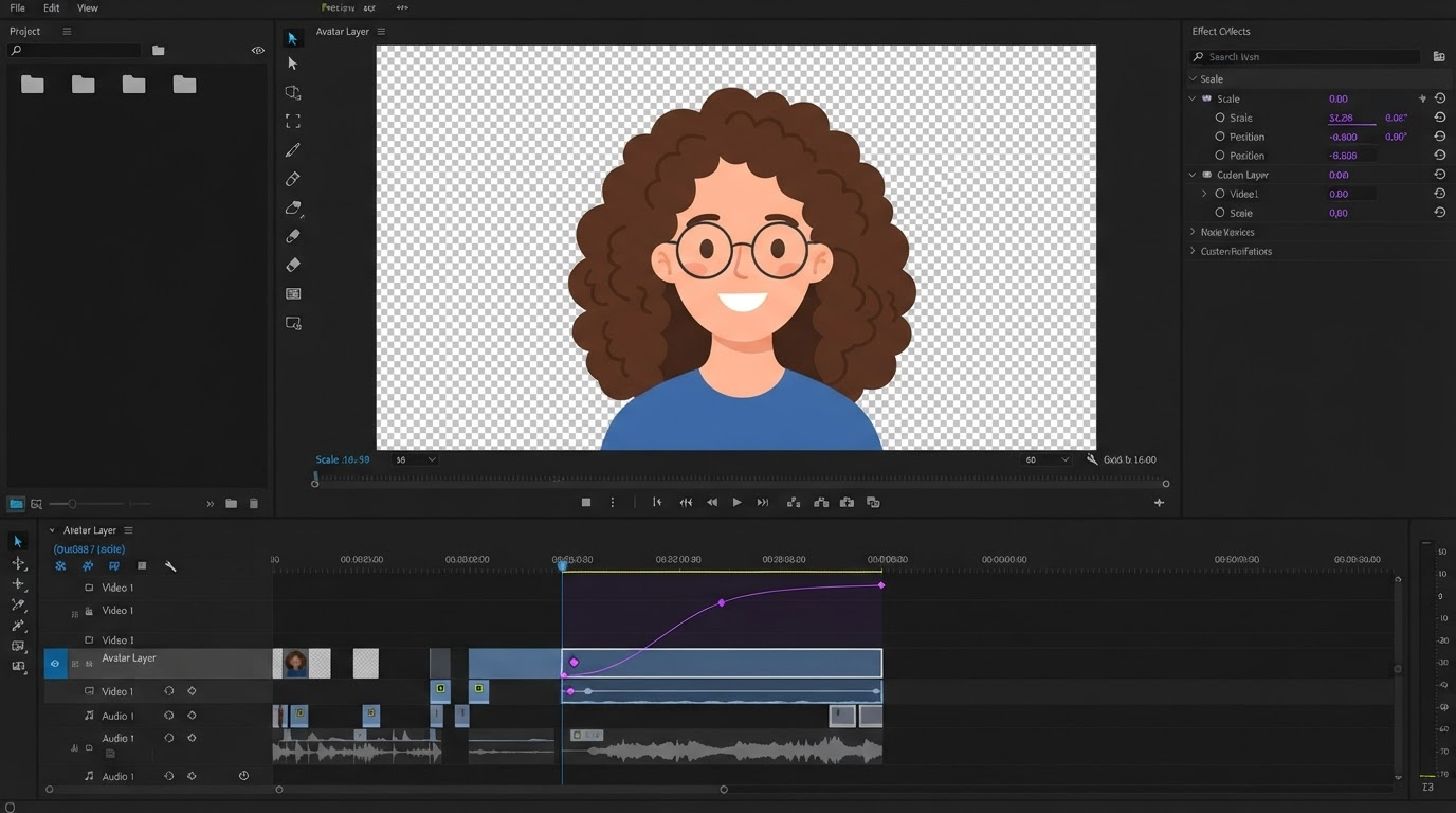 Dark video editor with a cartoon avatar on a transparent layer in the preview window, violet keyframe diamonds and a scale easing curve on the timeline