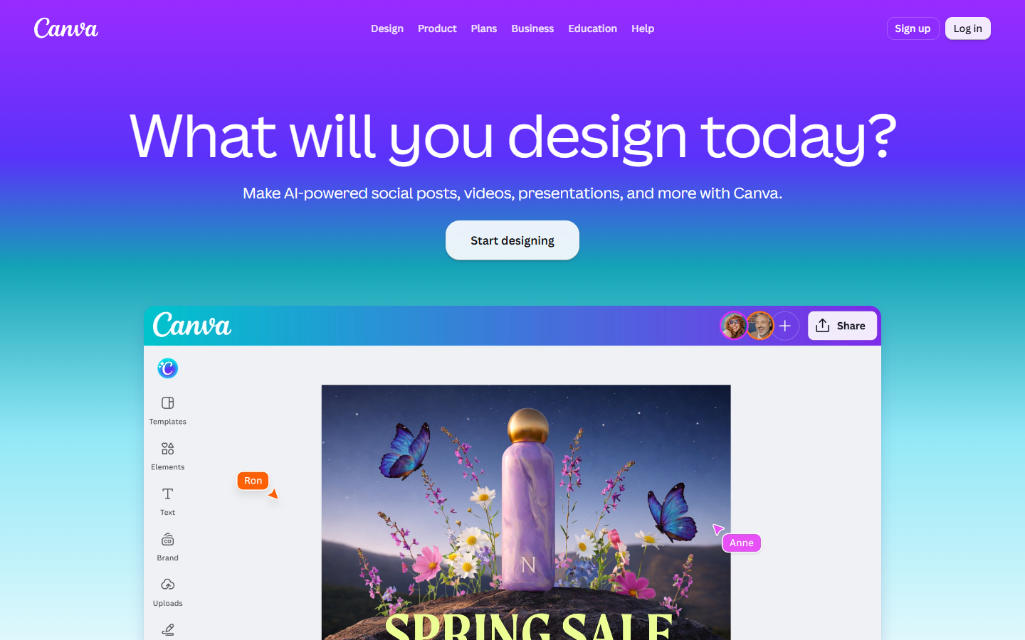 Canva homepage showing its design editor and AI tools