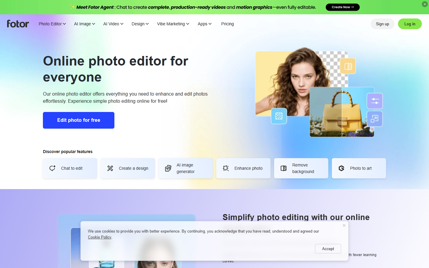 Fotor homepage showing its online photo editor and popular AI features