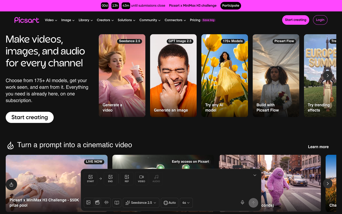 Picsart homepage showing its AI video, image and audio creation tools