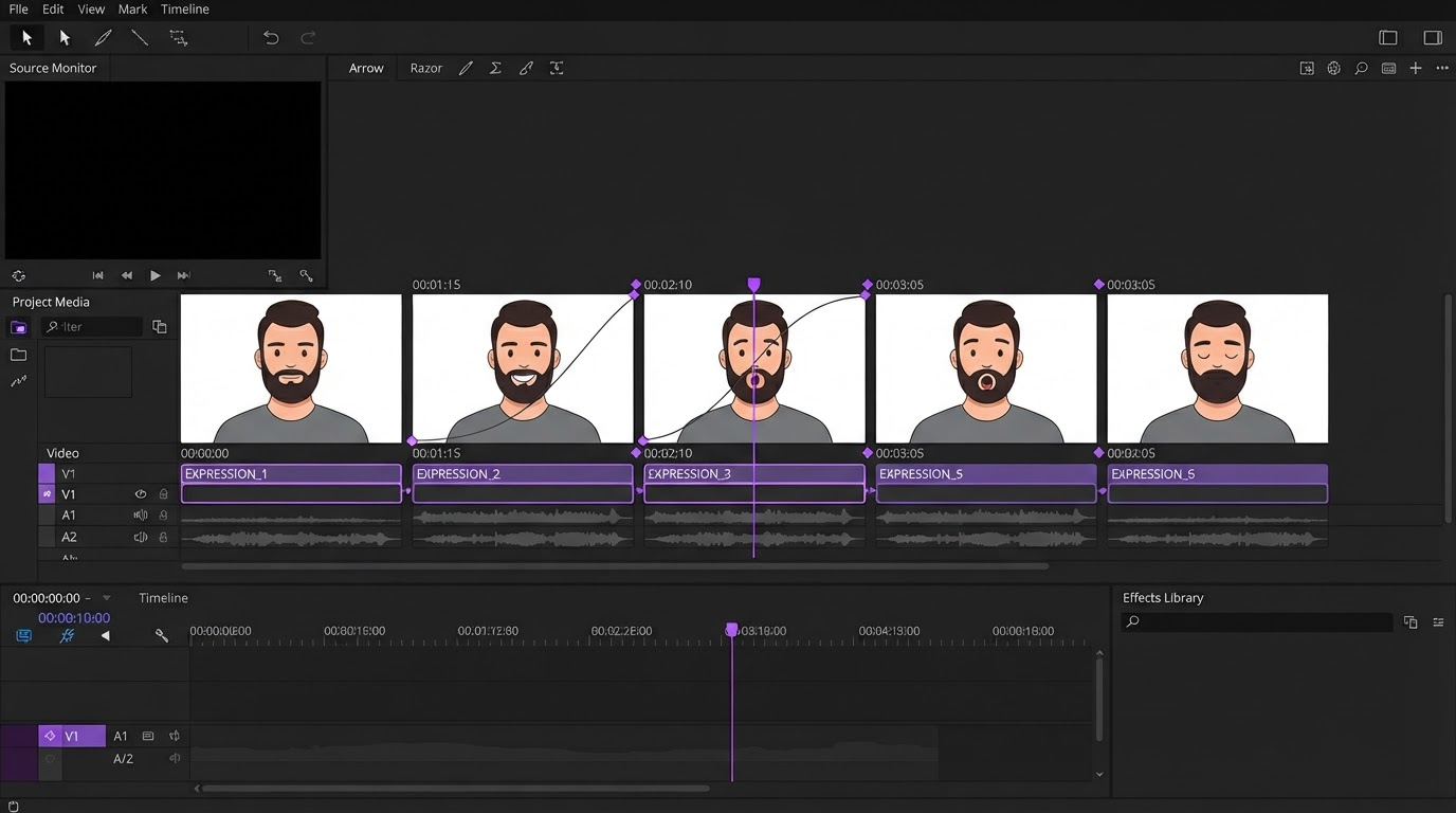 Video editor timeline with five cartoon expression frames of the same bearded character, violet keyframe diamonds and a playhead